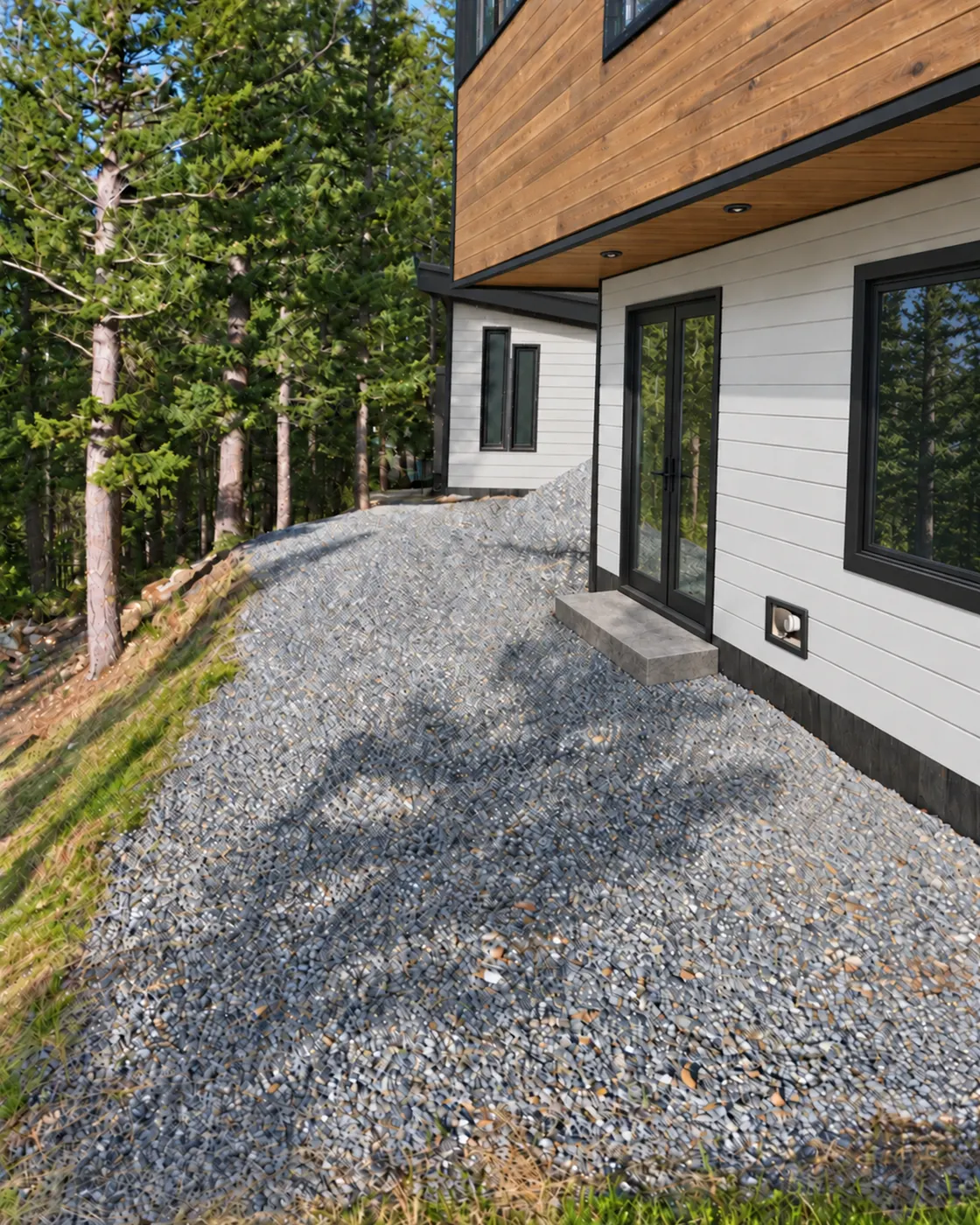 Gravel ground cover along the base of a home with light siding and a glass door, keeping the forest back from the walls. Example of defensible space with Edco metal siding.