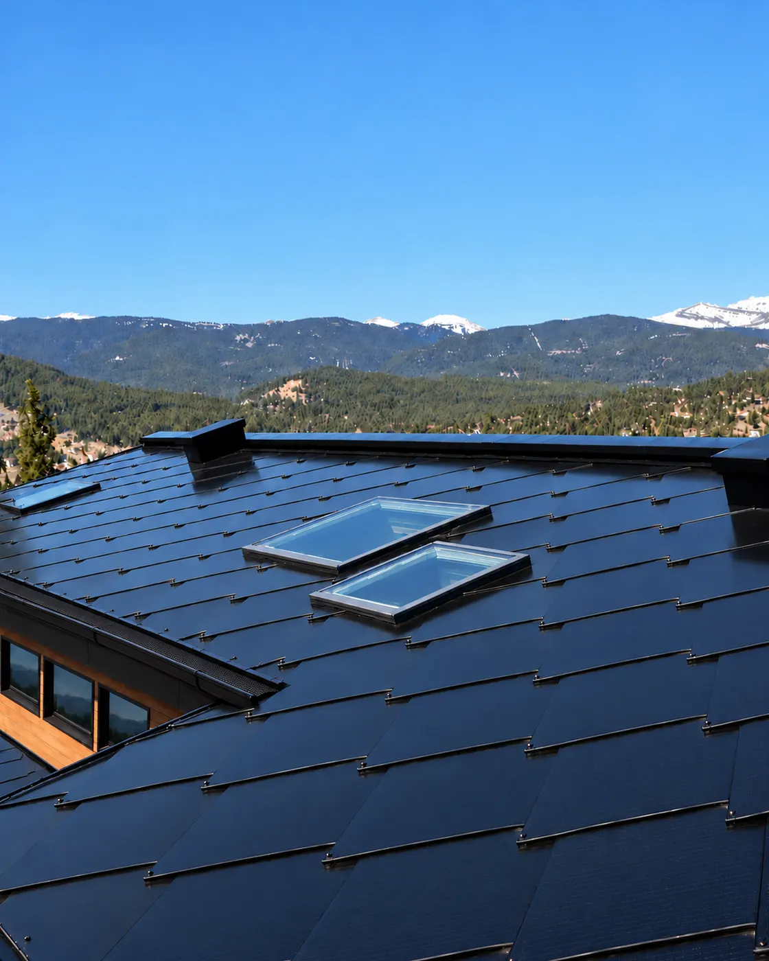 Dark solar Sunstyle roof tiles with two skylights, looking out over forested hills and snow-capped mountains. Colorado continental divide.
